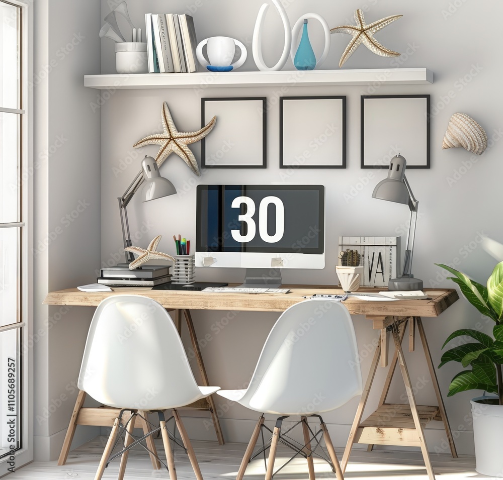 Minimalist home office with wooden desk. white chairs. and nautical decor Minimalist home office with wooden desk. white chairs. and nautical decor