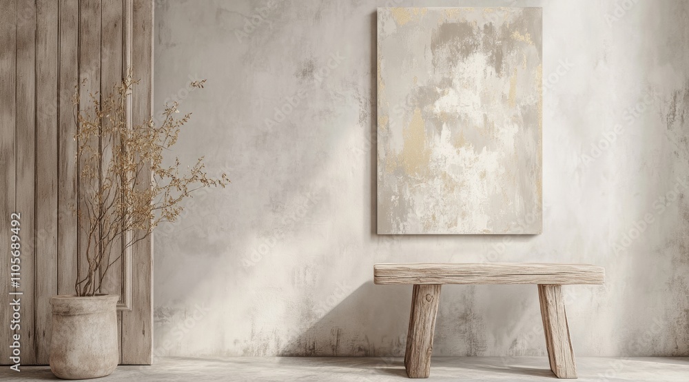 Abstract contemporary painting, with neutral tones of beige and gray, textured canvas with gold highlights