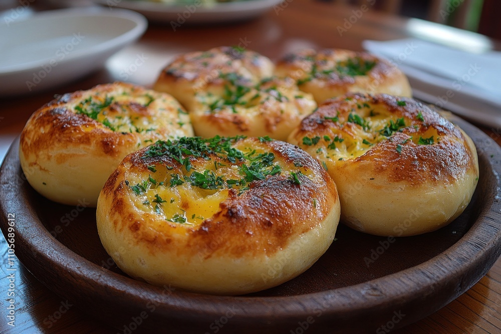 Savory pastries golden brown and fluffy, garnished with fresh herbs, rest on a rustic wooden platter at a warm restaurant setting, ready to be enjoyed Savory pastries golden brown and fluffy, garnished with fresh herbs, rest on a rustic wooden platter at a warm restaurant setting, ready to be enjoyed