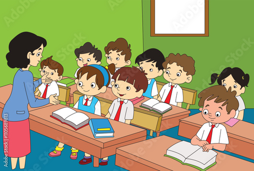 teacher and students are studying in the classroom