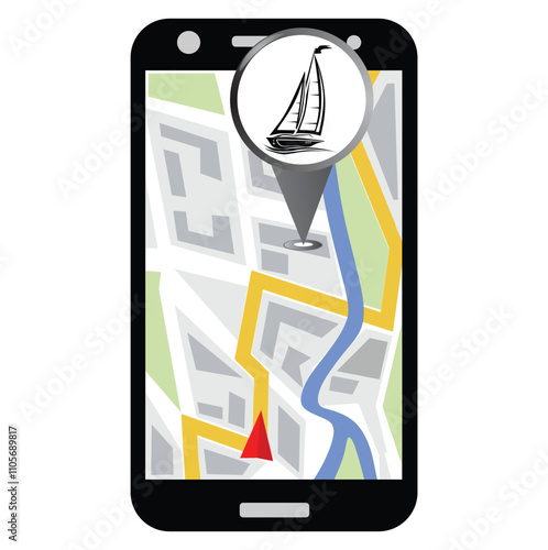 A smartphone with a map navigation app that leads to yachting club pin. Map GPS navigation. Vector illustration.