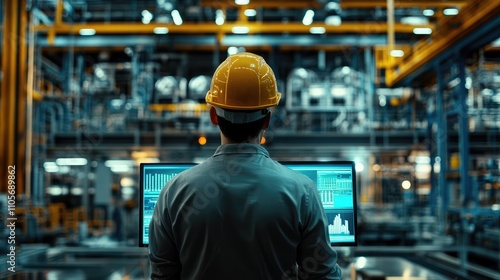 Back view of engineer in safety helmet and uniforms on Big Screen monitor computer working control machine in factory Generative Ai