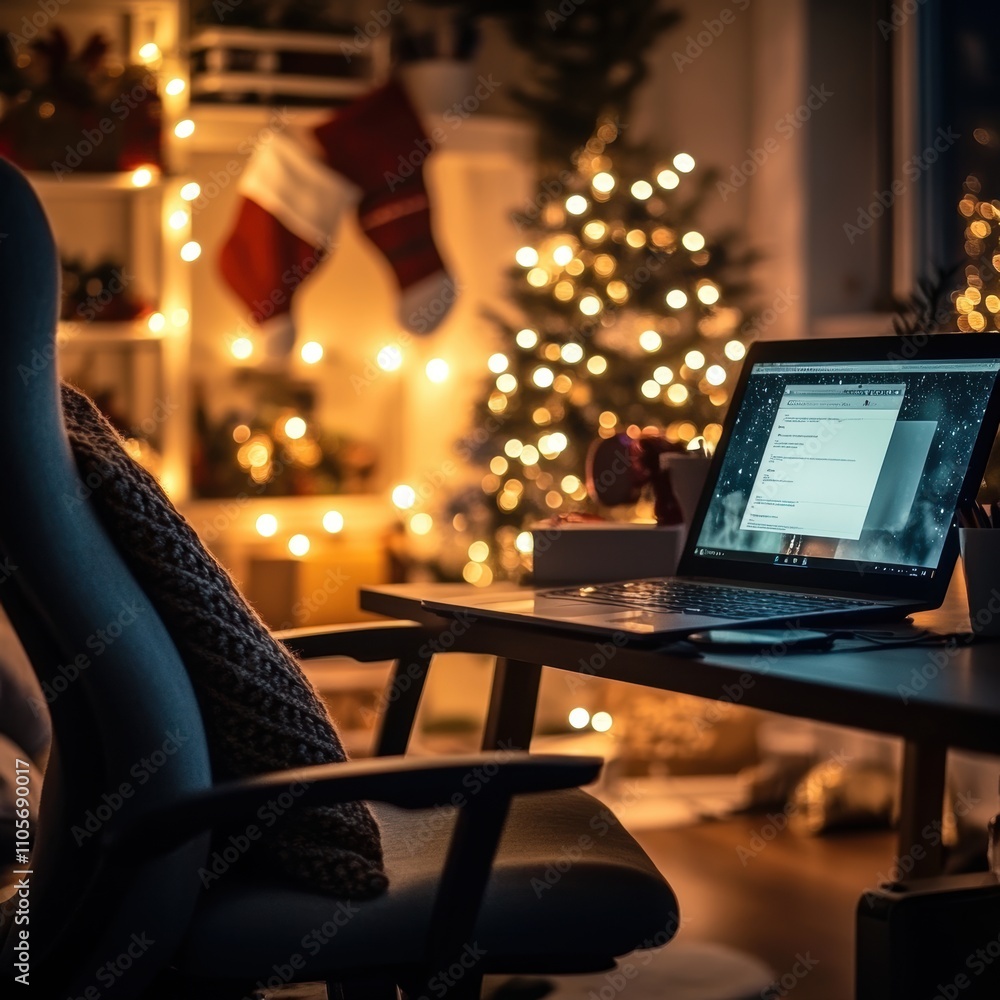 A cozy workspace with a laptop, decorated for Christmas with warm lights and a tree. A cozy workspace with a laptop, decorated for Christmas with warm lights and a tree.