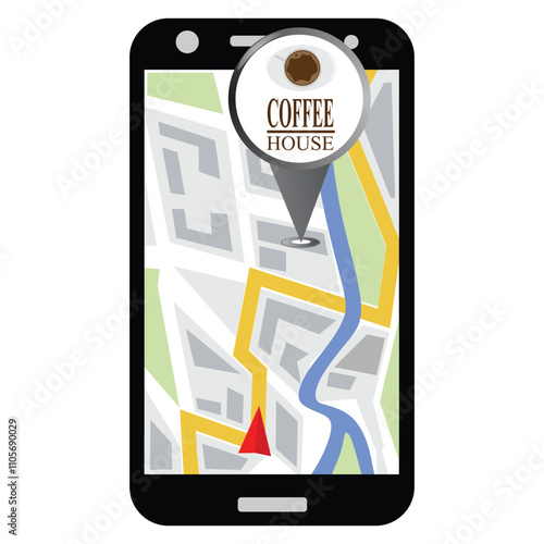 A smartphone with a map navigation app that leads to Coffee house pin. Map GPS navigation. Vector illustration.