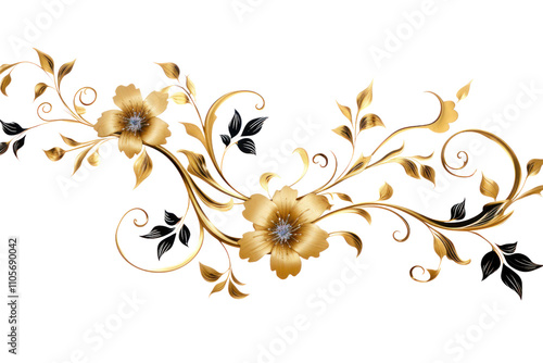 A pattern of intertwined golden and black vines with blooming flowers intricately designed isolated on white background