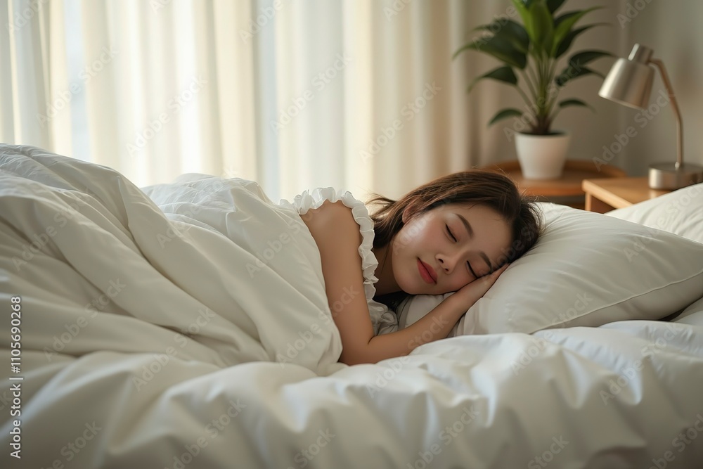 Person sleeping peacefully in bed, surrounded by soft pillows and a cozy blanket. Tranquility and restful sleep as a symbol of rejuvenation and mental well-being. Person sleeping peacefully in bed, surrounded by soft pillows and a cozy blanket. Tranquility and restful sleep as a symbol of rejuvenation and mental well-being.