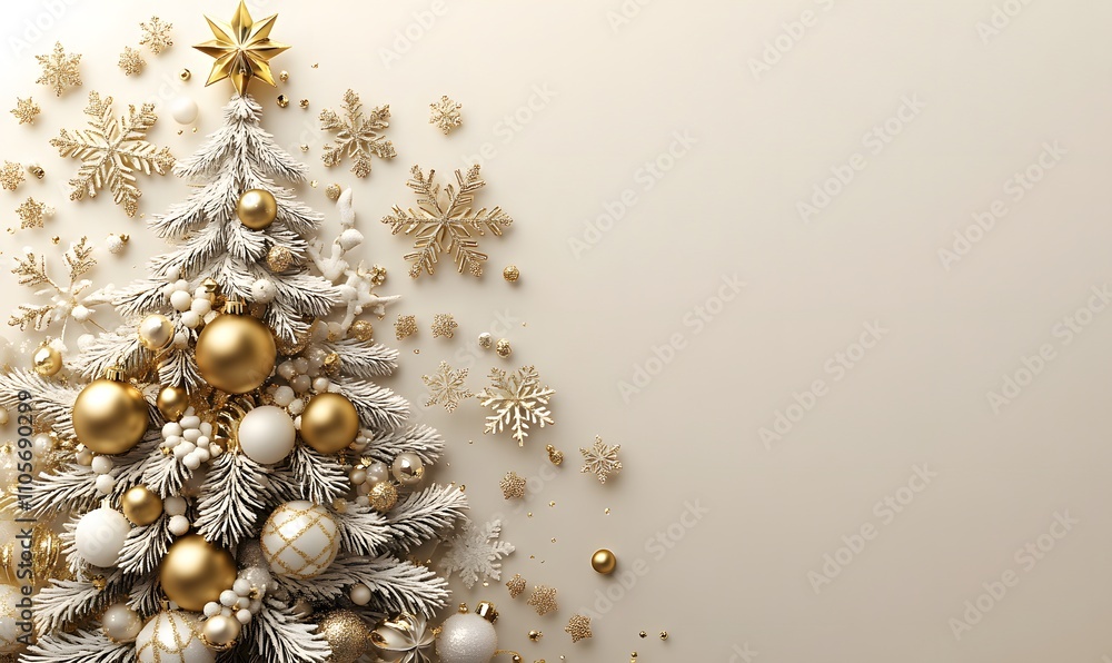 Obraz premium A creative vertical Christmas tree cutout adorned with golden baubles and intricate snowflakes, creating a festive holiday ambiance against a neutral background