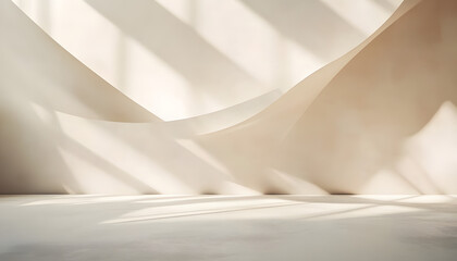 Empty abstract background in neutral beige colors for business product presentation. Geometrical shadows on wall for modern minimalist mockup backdrop.