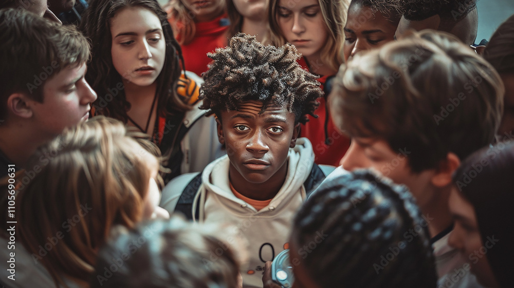 Surrounded by a group of mocking students, a boy faces humiliation due to his appearance and attire. Surrounded by a group of mocking students, a boy faces humiliation due to his appearance and attire.