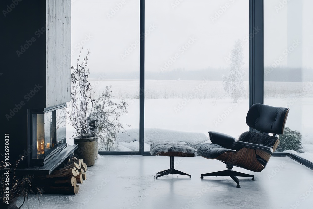 Fototapeta premium Modern Living Room With Fireplace And Winter View