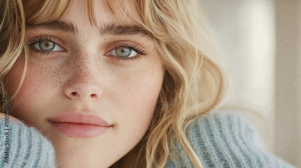 makeup highlighter subtle concept, A close-up portrait of a young woman with light brown hair, freckles, and striking blue eyes, conveying a soft and natural beauty. makeup highlighter subtle concept, A close-up portrait of a young woman with light brown hair, freckles, and striking blue eyes, conveying a soft and natural beauty.