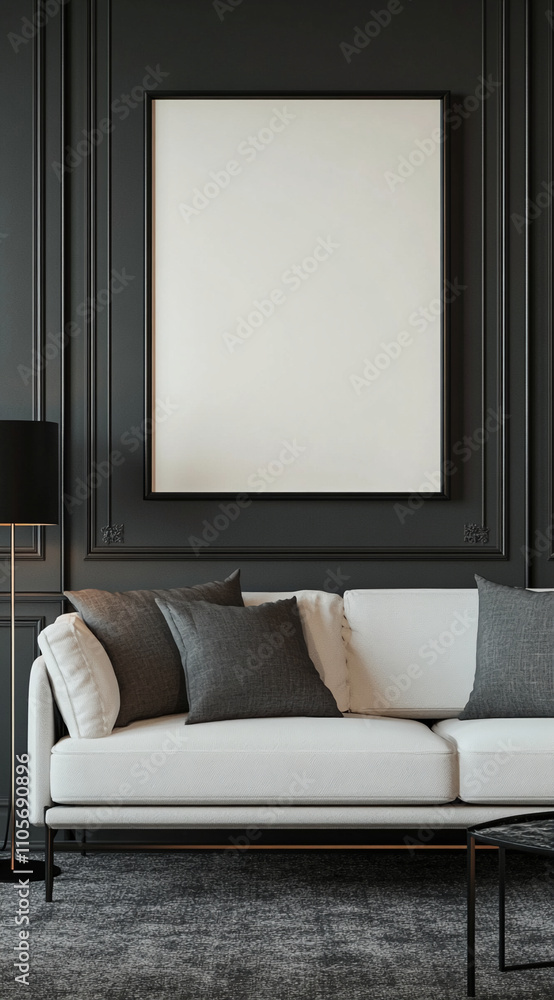 Modern living room featuring a stylish sofa and minimalist decor in a sleek, dark setting Modern living room featuring a stylish sofa and minimalist decor in a sleek, dark setting