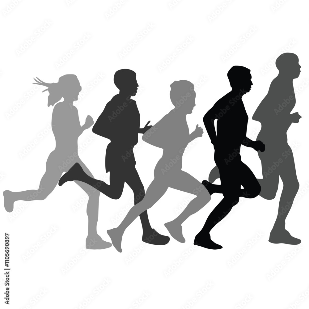 Marathon Runner Running Silhouette, Marathon run. Group of running people, men and women. Isolated vector silhouettes. People running silhouette Marathon Runner Running Silhouette, Marathon run. Group of running people, men and women. Isolated vector silhouettes. People running silhouette