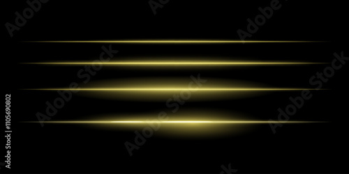 Horizontal golden light streaks set. Thin glowing lines, white illumination, futuristic light effects, abstract design, minimal glow, decorative elements, smooth gradients, modern visuals