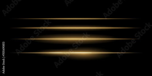 Horizontal golden light streaks set. Thin glowing lines, white illumination, futuristic light effects, abstract design, minimal glow, decorative elements, smooth gradients, modern visuals