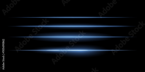 Horizontal blue light streaks set. Thin glowing lines, white illumination, futuristic light effects, abstract design, minimal glow, decorative elements, smooth gradients, modern visuals