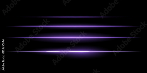 Horizontal purple light streaks set. Thin glowing lines, white illumination, futuristic light effects, abstract design, minimal glow, decorative elements, smooth gradients, modern visuals