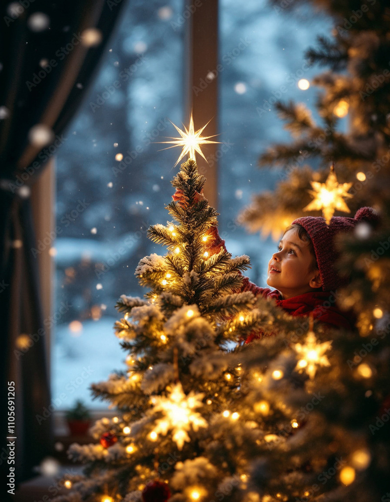 Christmas Background child placing a star on top of a beautifully lit Christmas tree, with snow falling gently outside the window Christmas Background child placing a star on top of a beautifully lit Christmas tree, with snow falling gently outside the window
