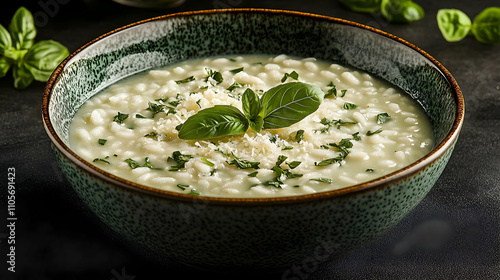 Bowl of Creamy Risotto with Basil and Parmesan - Food Photography