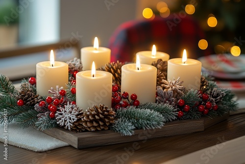 Festive Christmas Wreath with Four Candle Flames and Natural Decorations