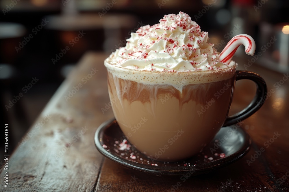 festive coffee display, a peppermint mocha with whipped cream and candy cane on a rustic cafe table, perfect for enjoying with some writing time festive coffee display, a peppermint mocha with whipped cream and candy cane on a rustic cafe table, perfect for enjoying with some writing time