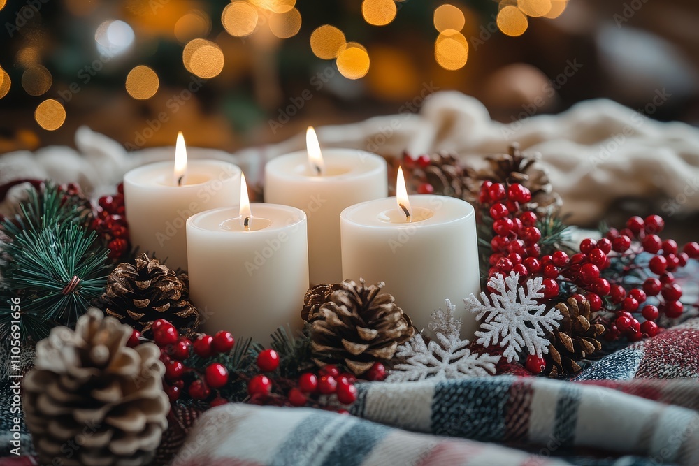 Festive Christmas Wreath with Four Candle Flames and Natural Decorations Festive Christmas Wreath with Four Candle Flames and Natural Decorations