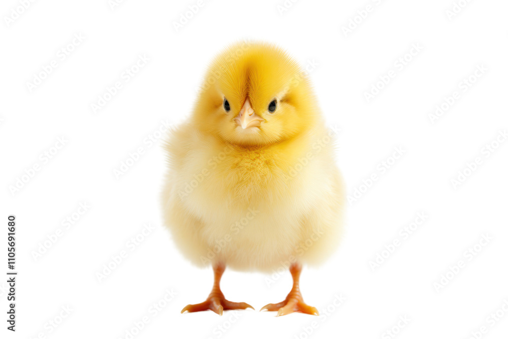 A fluffy yellow chick standing on a white surface, looking curiously at the camera, isolated on white background A fluffy yellow chick standing on a white surface, looking curiously at the camera, isolated on white background