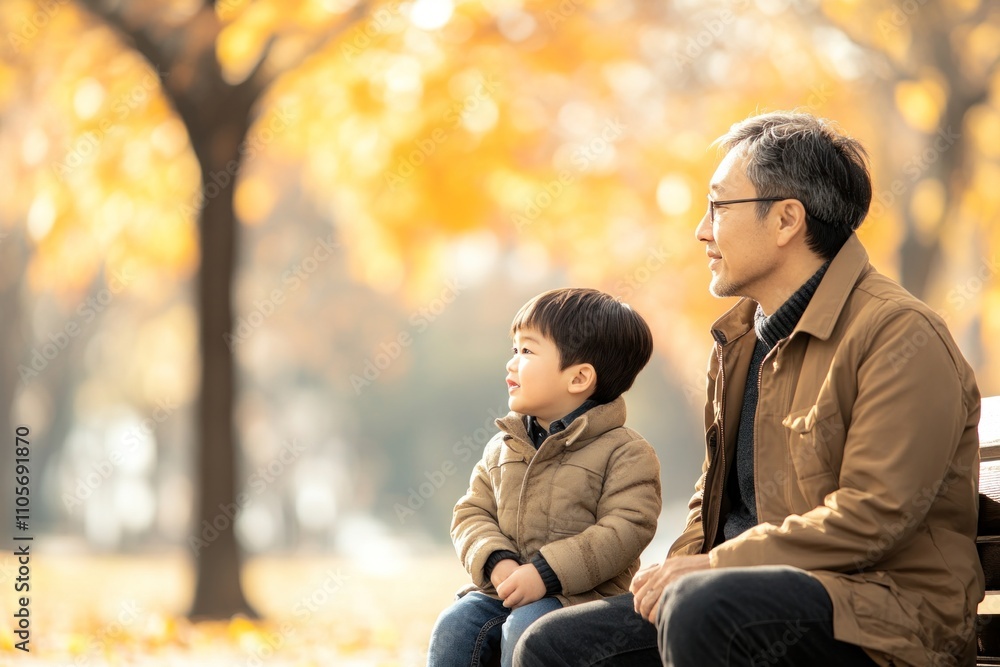 A grandfather and his young grandson sit on a bench in a park, surrounded by brilliant autumn leaves. The pair share a quiet moment under the golden trees, evoking warmth and connection