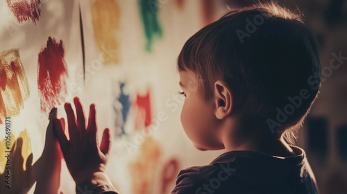 Child standing in a quiet room, deeply focused on a large picture on the wall. A clean and minimalist background highlights the child's fascination, showcasing their curiosity and concentration photo