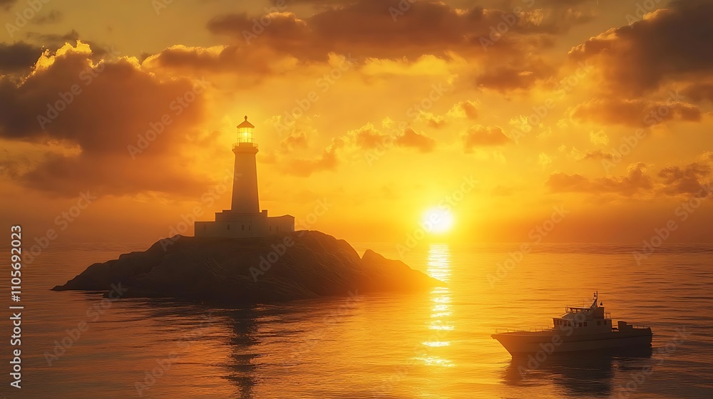 Lighthouse Sunset Seascape With A Small Boat Lighthouse Sunset Seascape With A Small Boat
