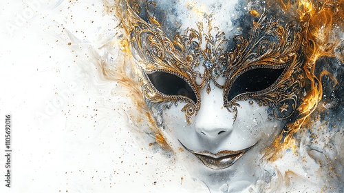 Watercolor New Year s masquerade mask in metallic gold and silver tones, on a white background photo