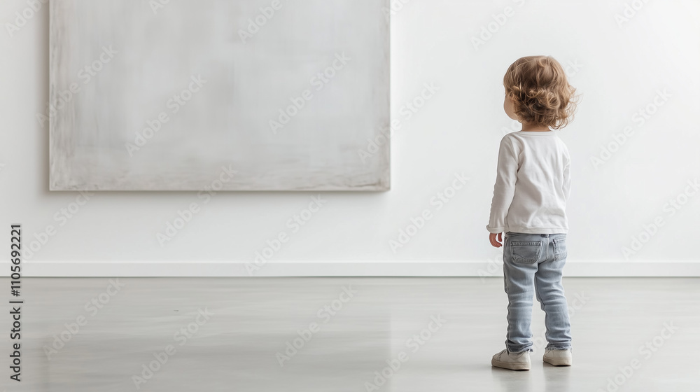 Child standing in a quiet room, deeply focused on a large picture on the wall. A clean and minimalist background highlights the child's fascination, showcasing their curiosity and concentration Child standing in a quiet room, deeply focused on a large picture on the wall. A clean and minimalist background highlights the child's fascination, showcasing their curiosity and concentration