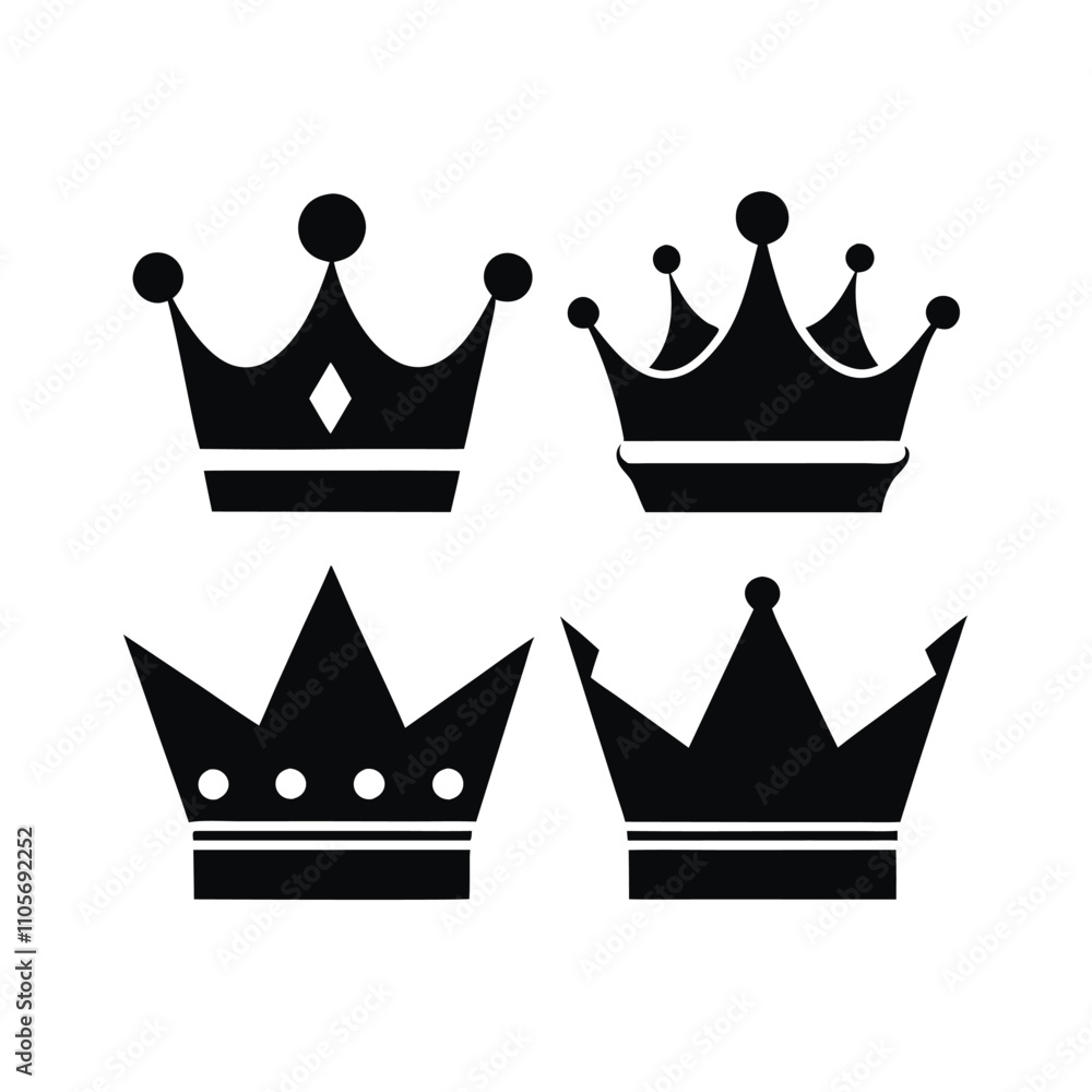 Four crowns are shown in the image. They are all black and have a similar design. The crowns are arranged in a row, with the first one on the left and the last one on the right Four crowns are shown in the image. They are all black and have a similar design. The crowns are arranged in a row, with the first one on the left and the last one on the right