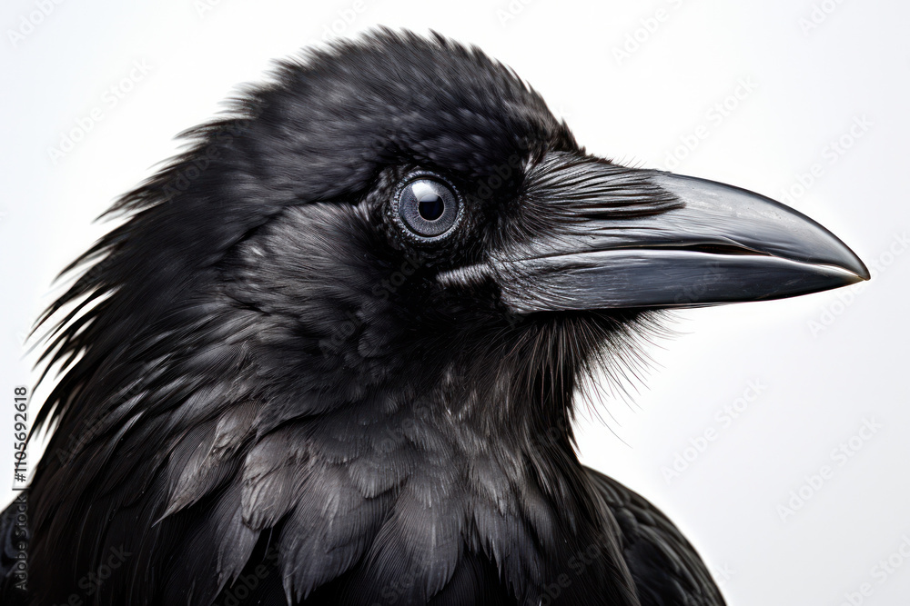 Fototapeta premium A detailed view of a crow's head, showcasing its intelligent eyes and distinctive beak, with a soft light highlighting its features, isolated on white background