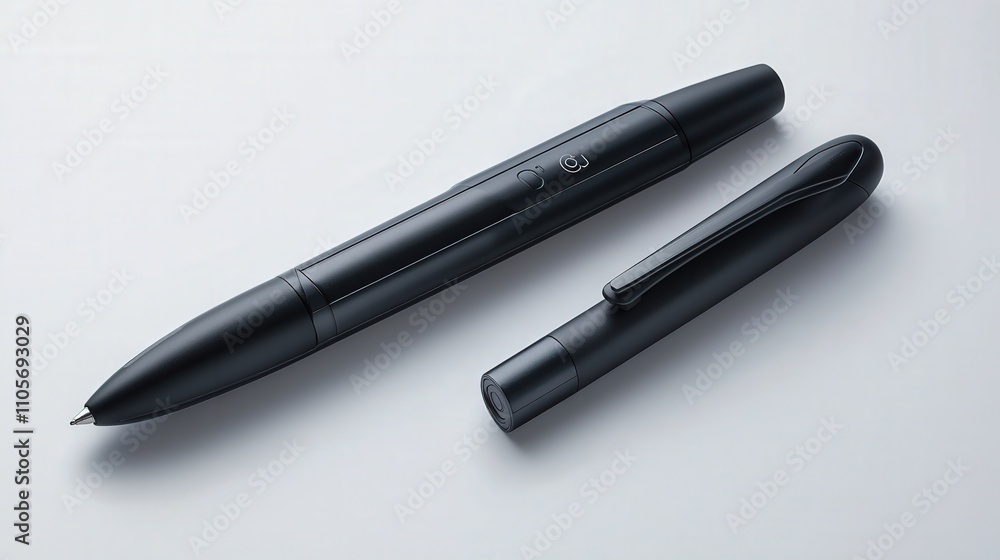 A high-tech pen with a built-in stylus and smart features, allowing it to sync with digital devices for note-taking or annotations. A high-tech pen with a built-in stylus and smart features, allowing it to sync with digital devices for note-taking or annotations.