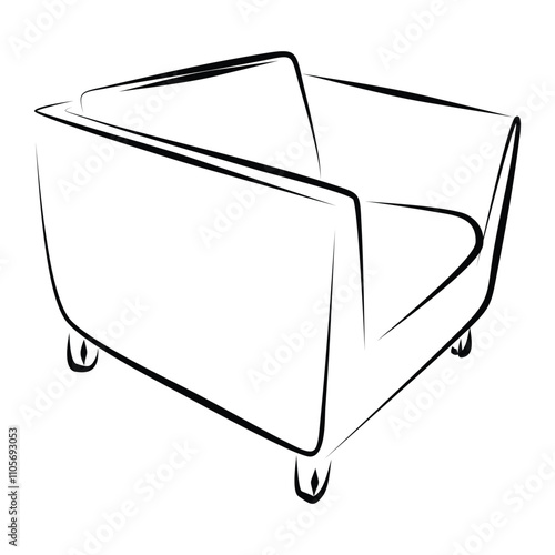 Single armchair for living room ink sketch. Black hand drawn engraved upholstered home furniture. Leisure chair, isolated vector illustration