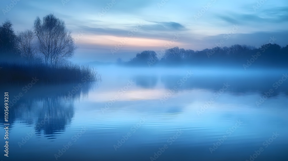 Fototapeta premium Serene Mist Shrouded Lake And Trees At Dawn