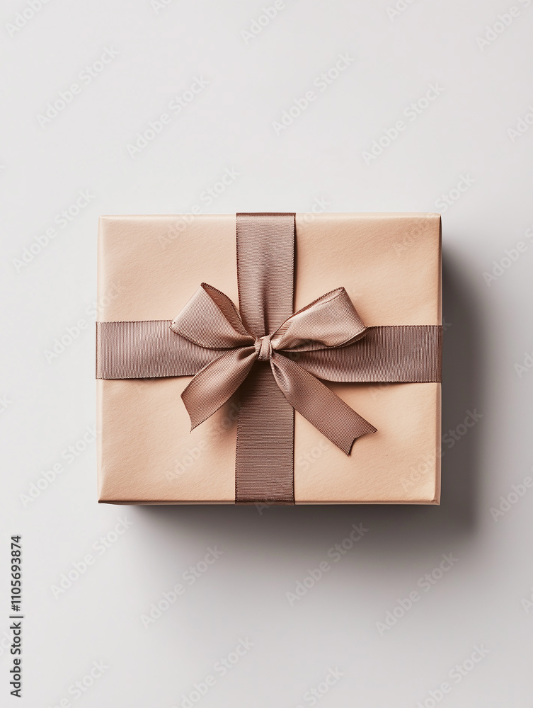 Gift box wrapped in beige wrapping paper and tied with a brown bow. Gift for Christmas, birthday or Valentine's day. White background, top view. Gift box wrapped in beige wrapping paper and tied with a brown bow. Gift for Christmas, birthday or Valentine's day. White background, top view.