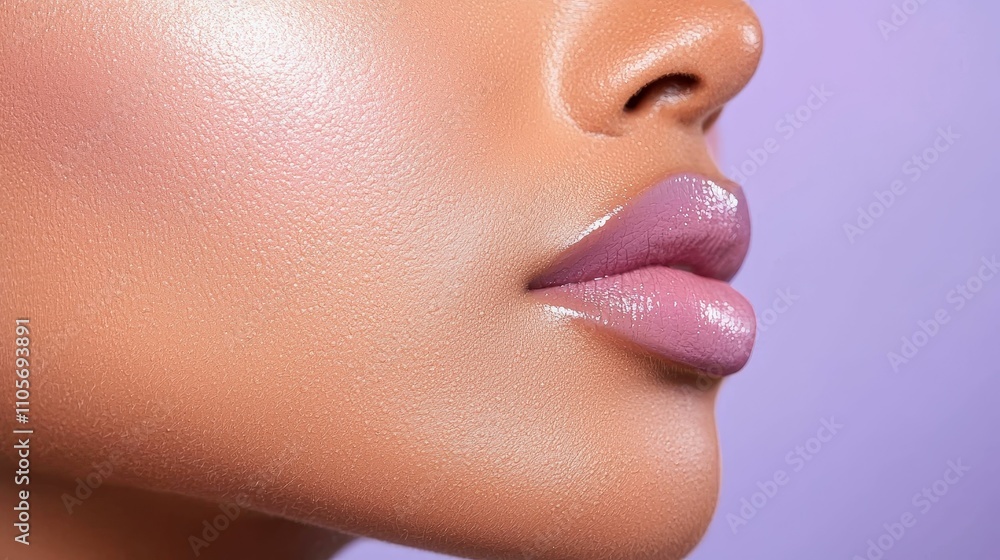 makeup highlighter subtle concept, A close-up of a smooth, glowy complexion featuring soft, lavender lips against a pastel purple background. makeup highlighter subtle concept, A close-up of a smooth, glowy complexion featuring soft, lavender lips against a pastel purple background.