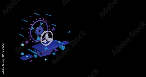 White ecology symbol on a pedestal of abstract geometric shapes floating in the air. Abstract concept art with flying shapes on the left. 3d illustration on black background