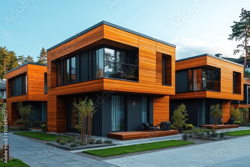 Wallpaper Mural These modern modular private townhouses showcase unique architecture with natural wood exteriors, large glass windows, and landscaped surroundings, creating a serene living environment Torontodigital.ca