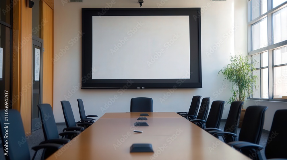 A large presentation screen in a modern conference room, mounted on the wall for easy visibility. A large presentation screen in a modern conference room, mounted on the wall for easy visibility.