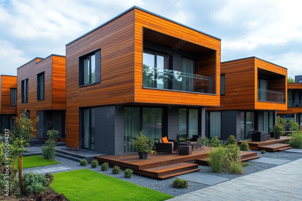 Modern modular private townhouses with striking wooden exteriors are set within a green landscaped area, featuring outdoor seating for relaxation and social gatherings Modern modular private townhouses with striking wooden exteriors are set within a green landscaped area, featuring outdoor seating for relaxation and social gatherings