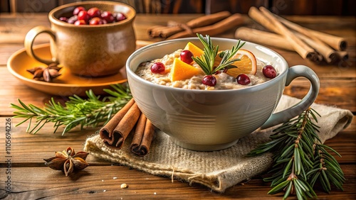 Warm Oatmeal Bowl with Fruits and Spices on Wooden Table