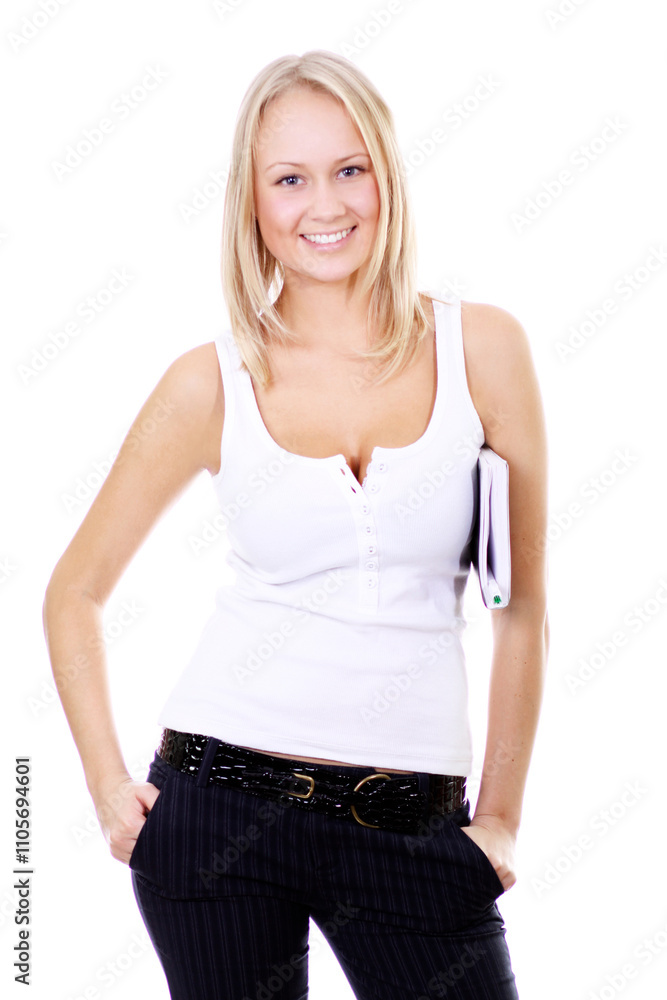 Young beautiful blonde woman with a diary - isolated on white background Young beautiful blonde woman with a diary - isolated on white background
