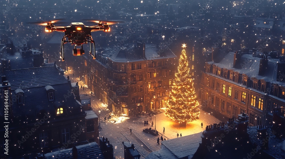 Fototapeta premium A drone delivers gifts in a snowy, illuminated cityscape with a glowing christmas tree.