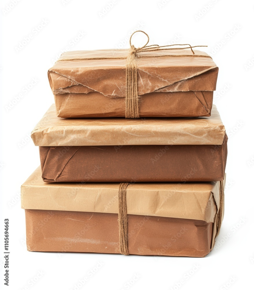 stack of gift boxes wrapped in brown paper and twine stack of gift boxes wrapped in brown paper and twine