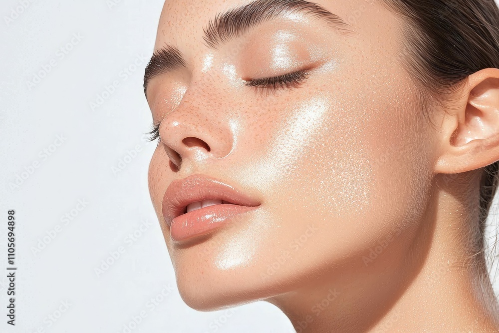 makeup highlighter subtle concept, A close-up of a woman with glowing skin and closed eyes, showcasing a radiant, dewy complexion against a light background.