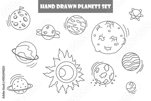 Planets doodles set . Hand drawn illustrations isolated on white background. Vector illustration