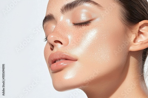 Obraz na płótnie makeup highlighter subtle concept, A close-up of a woman with glowing skin and closed eyes, showcasing a radiant, dewy complexion against a light background. w salonie